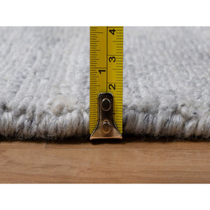 2'6"x8' Lily White, Soft Pile, Plain Modern Striae Design, Hand Loomed, Pure Wool, Runner, Oriental Rug FWR547086