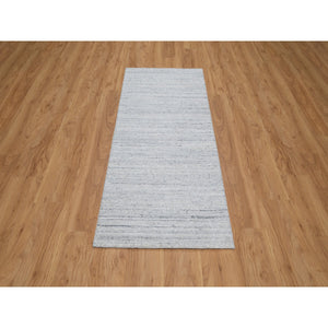2'6"x6' Ice White, Plain Modern Striae Design, Hand Loomed, Soft Pile, Natural Wool, Runner, Oriental Rug FWR547110