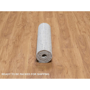 2'6"x6' Ice White, Plain Modern Striae Design, Hand Loomed, Soft Pile, Natural Wool, Runner, Oriental Rug FWR547110