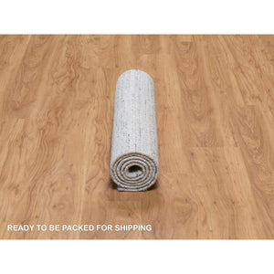 2'6"x6' Snow White, Hand Loomed, Plain Modern Striae Design, Soft to the Touch, Natural Wool, Runner, Oriental Rug FWR547116