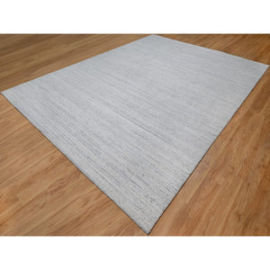 9'x12' Frost White, Natural Wool, Plain Modern Striae Design, Hand Loomed, Soft to the Touch, Oriental Rug FWR547122