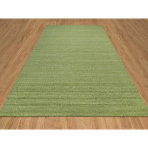9'1"x12' Grasshopper Green, Soft Pile, Plain Modern Striae Design, Tone on Tone, Pure Wool, Hand Loomed, Oriental Rug FWR547134