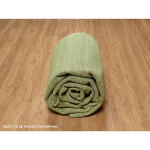 9'1"x12' Grasshopper Green, Soft Pile, Plain Modern Striae Design, Tone on Tone, Pure Wool, Hand Loomed, Oriental Rug FWR547134