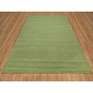 8'1"x10' Olive Green, Hand Loomed, Plain Modern Striae Design, Tone on Tone, Soft to the Touch, Pure Wool, Oriental Rug FWR547164