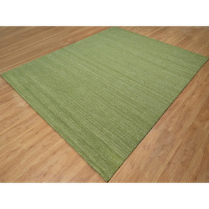 8'1"x10' Olive Green, Hand Loomed, Plain Modern Striae Design, Tone on Tone, Soft to the Touch, Pure Wool, Oriental Rug FWR547164