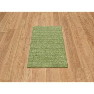2'x3' Turtle Green, Plain Modern Striae Design, Tone on Tone, Soft Wool, Hand Loomed, Mat, Oriental Rug FWR547194