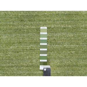 2'x3' Turtle Green, Plain Modern Striae Design, Tone on Tone, Soft Wool, Hand Loomed, Mat, Oriental Rug FWR547194