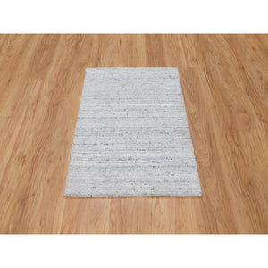 2'x3' Porcelain White, Hand Loomed, Plain Modern Striae Design, Soft Pile, Natural Wool, Mat, Oriental Rug FWR547218