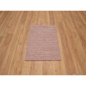 2'x3' Tulip Pink, Plain Modern Striae Design, Hand Loomed, Pure Wool, Soft to the Touch Pile, Mat, Oriental Rug FWR547236