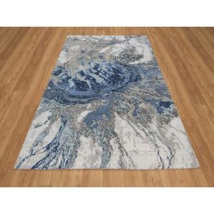 6'1"x9'1" Denim Blue With Ivory, Lush And Plush, Abstract Design, Wool And Silk, Hi-low Pile, Hand Knotted, Oriental Rug FWR547272