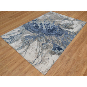 6'1"x9'1" Denim Blue With Ivory, Lush And Plush, Abstract Design, Wool And Silk, Hi-low Pile, Hand Knotted, Oriental Rug FWR547272