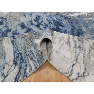 6'1"x9'1" Denim Blue With Ivory, Lush And Plush, Abstract Design, Wool And Silk, Hi-low Pile, Hand Knotted, Oriental Rug FWR547272
