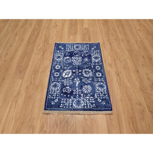 2'1"x3'2" Denim Blue, Wool And Silk, Hand Knotted, Tabriz With All Over Leaf Motifs, Mat, Oriental Rug FWR547368