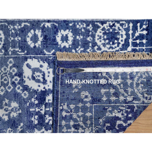 2'1"x3'2" Denim Blue, Wool And Silk, Hand Knotted, Tabriz With All Over Leaf Motifs, Mat, Oriental Rug FWR547368