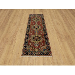 2'9"x8' Chili Red, Heriz Revival With Medallion Design, Densely Woven, Hand Spun New Zealand Wool, Hand Knotted, Runner, Oriental Rug FWR547434