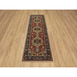2'6"x8' Ruby Red, Hand Knotted, Heriz Revival With Medallion Design, Denser Weave, Hand Spun New Zealand Wool, Runner, Oriental Rug FWR547440
