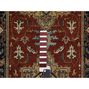 2'6"x8' Ruby Red, Hand Knotted, Heriz Revival With Medallion Design, Denser Weave, Hand Spun New Zealand Wool, Runner, Oriental Rug FWR547440