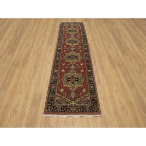2'8"x10' Chili Red, Densely Woven, Hand Spun New Zealand Wool, Heriz Revival with Medallion Design, Hand Knotted, Runner, Oriental Rug FWR547458