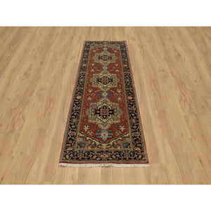 2'8"x8' Auburn Red, Heriz Revival With Medallion Design, Hand Spun New Zealand Wool, Densely Woven, Hand Knotted, Runner, Oriental Rug FWR547464