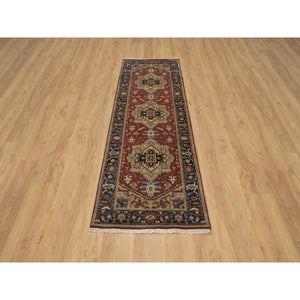 2'7"x8' Ruby Red, Denser Weave, Heriz Revival With Medallion Design, Hand Spun New Zealand Wool, Hand Knotted, Runner, Oriental Rug FWR547470