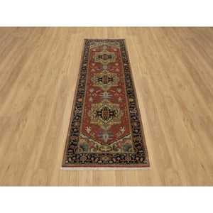 2'7"x7'10" Scarlet Red, Hand Spun New Zealand Wool, Heriz Revival With Medallion Design, Densely Woven, Hand Knotted, Runner, Oriental Rug FWR547476