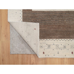 5'x8' Chiffon White with Brown, Modern Striae Design, Lori Buft Gabbeh with Small Animal Figurines, Thick and Plush, Soft Pile, Organic Wool, Hand Knotted, Oriental Rug FWR547488