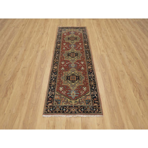 2'7"x7'10" Barn Red, Densely Woven, Heriz Revival With Medallion Design, Hand Spun New Zealand Wool, Hand Knotted, Runner, Oriental Rug FWR547506