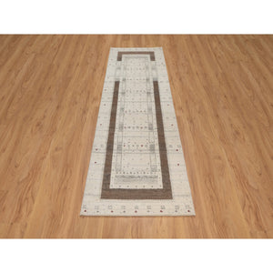 2'8"x8' Parchment White With Brown, Lush And Plush, Hand Knotted, Lori Buft Gabbeh With Small Animal Figurines, Modern Striae Design, Soft Pile, Pure Wool, Runner, Oriental Rug FWR547554