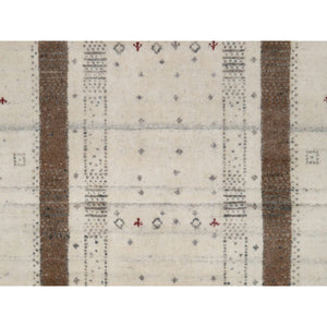 2'8"x8' Parchment White With Brown, Lush And Plush, Hand Knotted, Lori Buft Gabbeh With Small Animal Figurines, Modern Striae Design, Soft Pile, Pure Wool, Runner, Oriental Rug FWR547554