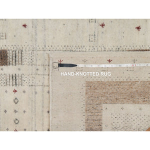 2'8"x8' Parchment White With Brown, Lush And Plush, Hand Knotted, Lori Buft Gabbeh With Small Animal Figurines, Modern Striae Design, Soft Pile, Pure Wool, Runner, Oriental Rug FWR547554