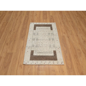 2'7"x4' Linen White With Brown, Modern Striae Design, Lori Buft Gabbeh With Small Animal Figurines, Thick And Plush, Soft Pile, Luxurious Wool, Hand Knotted, Mat, Oriental Rug FWR547566