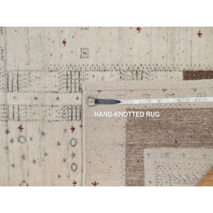 2'7"x4' Linen White With Brown, Modern Striae Design, Lori Buft Gabbeh With Small Animal Figurines, Thick And Plush, Soft Pile, Luxurious Wool, Hand Knotted, Mat, Oriental Rug FWR547566