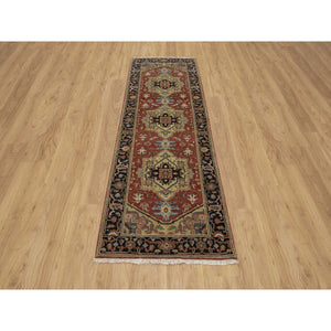 2'7"x8' Scarlet Red, Heriz Revival With Medallion Design, Densely Woven, Hand Spun New Zealand Wool, Hand Knotted, Runner, Oriental Rug FWR547578