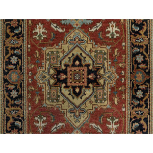 2'7"x8' Scarlet Red, Heriz Revival With Medallion Design, Densely Woven, Hand Spun New Zealand Wool, Hand Knotted, Runner, Oriental Rug FWR547578