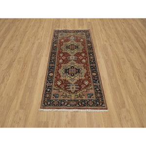 2'10"x6' Chili Red, Hand Spun New Zealand Wool, Heriz Revival With Medallion Design, Denser Weave, Hand Knotted, Runner, Oriental Rug FWR547584
