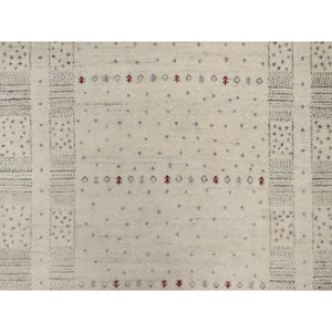 5'x7'10" Chiffon White with Brown, Lori Buft Gabbeh with Small Animal Figurines, Modern Striae Design, Thick and Plush, Soft Pile, Organic Wool, Hand Knotted, Oriental Rug FWR547602