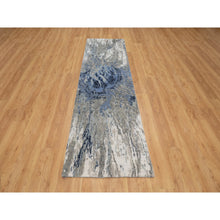 Load image into Gallery viewer, 2&#39;7&quot;x10&#39;2&quot; Yale Blue with Ivory, Abstract Design, Wool and Silk, Hi-low Pile, Hand Knotted, Lush and Plush, Runner, Oriental Rug FWR547740