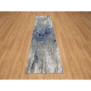 2'7"x10'2" Yale Blue with Ivory, Abstract Design, Wool and Silk, Hi-low Pile, Hand Knotted, Lush and Plush, Runner, Oriental Rug FWR547740