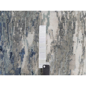 2'7"x10'2" Yale Blue with Ivory, Abstract Design, Wool and Silk, Hi-low Pile, Hand Knotted, Lush and Plush, Runner, Oriental Rug FWR547740