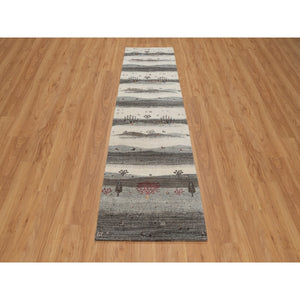 2'6"x9'10" Chiffon White, Modern, Lori Buft Gabbeh with Small Animal Figurines, Hills Design, Thick and Plush, 100% Wool, Hand Knotted, Runner, Oriental Rug FWR547902