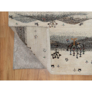 2'6"x9'10" Chiffon White, Modern, Lori Buft Gabbeh with Small Animal Figurines, Hills Design, Thick and Plush, 100% Wool, Hand Knotted, Runner, Oriental Rug FWR547902