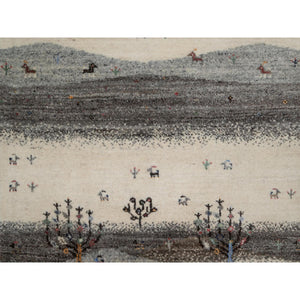 2'6"x9'10" Chiffon White, Modern, Lori Buft Gabbeh with Small Animal Figurines, Hills Design, Thick and Plush, 100% Wool, Hand Knotted, Runner, Oriental Rug FWR547902