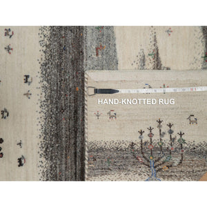 2'6"x9'10" Chiffon White, Modern, Lori Buft Gabbeh with Small Animal Figurines, Hills Design, Thick and Plush, 100% Wool, Hand Knotted, Runner, Oriental Rug FWR547902
