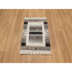 2'x3' Pearl White, Hand Knotted, Lori Buft Gabbeh With Small Animal And Human Figurines, Thick And Plush, Modern, Pure Wool, Mat, Oriental Rug FWR547956