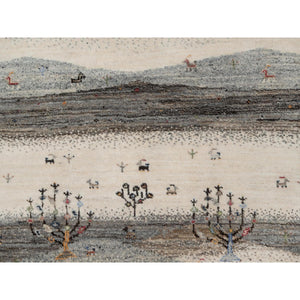 2'8"x11'6" Pristine White, Modern, Lori Buft Gabbeh with Small Animal Figurines, Thick and Plush, 100% Wool, Hand Knotted, Runner, Oriental Rug FWR548010
