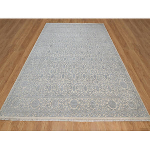 9'x12'1" Chiffon White, Light Tone On Tone With Persian Design With Repetitive Floral Motifs, Wool And Plant Based Silk, Thick And Plush, 200 Kpsi, Hand Knotted, Oriental Rug FWR548118