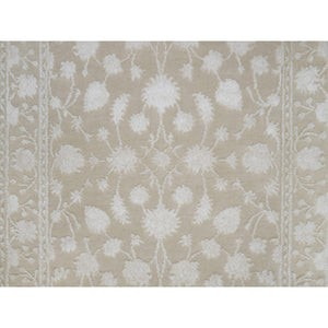 2'8"x10'3" Dark Vanilla Brown, Light Tone on Tone with Persian Design, Wool and Plant Based Silk, Thick and Plush, 200 KPSI, Hand Knotted, Runner, Oriental Rug FWR548142