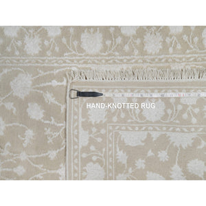 2'8"x10'3" Dark Vanilla Brown, Light Tone on Tone with Persian Design, Wool and Plant Based Silk, Thick and Plush, 200 KPSI, Hand Knotted, Runner, Oriental Rug FWR548142