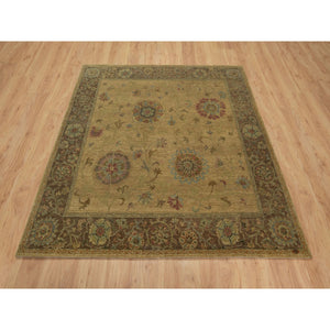 5'5"x5'10" Peanut Brown, Botanical Design, Pure 100% Himalayan Wool, Natural Dyes, Hand Knotted, Squarish, Oriental Rug FWR548166