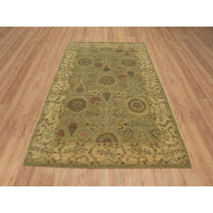 5'1"x7'10" Olive Green, Botanical Design, Hand Knotted, Pure 100% Himalayan Wool, Vegetable Dyes, Oriental Rug FWR548184